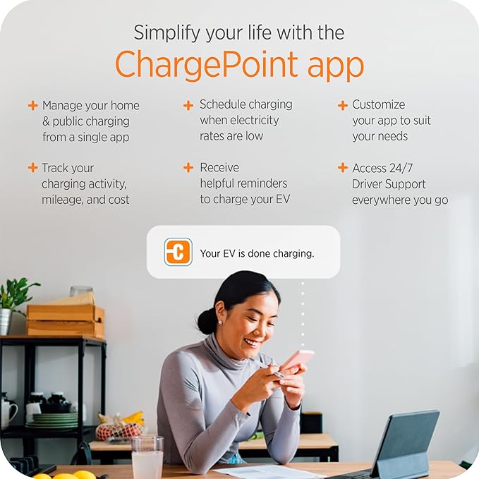 ChargePoint HomeFlex Level 2 EV Charger J1772 - Fast Smart Battery Power Charging at Home for Electric Automobile Vehicles - NEMA 6-50 Plug for Electric Car