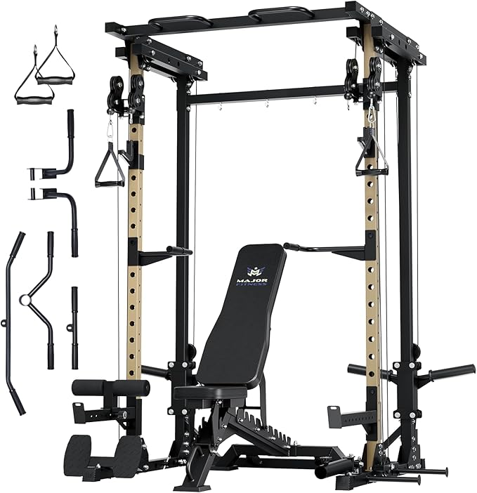 MAJOR FITNESS Drone3 Power Cage - Multi-Function Power Rack for Home Gym, Squat Rack with Pull-up Bar, Cable Crossover System, J-Hooks, for Strength Training, Heavy-Duty Steel Construction