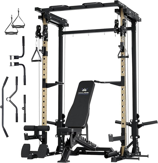 MAJOR FITNESS Drone3 Power Cage - Multi-Function Power Rack for Home Gym, Squat Rack with Pull-up Bar, Cable Crossover System, J-Hooks, for Strength Training, Heavy-Duty Steel Construction