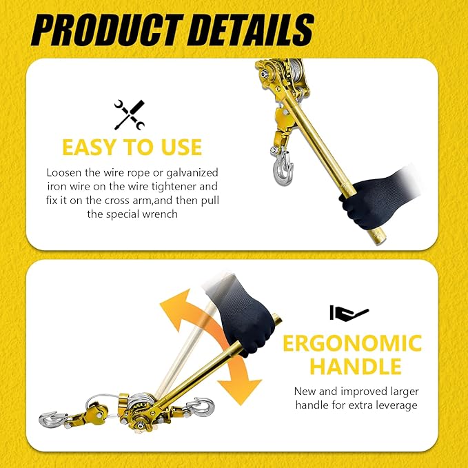Come Along Winch Puller 2T, 10FT Cable Hoist Winch Puller with 2 Hooks, Come Along Tool Heavy Duty, Ratchet Puller for Lifting Pulling Construction Building