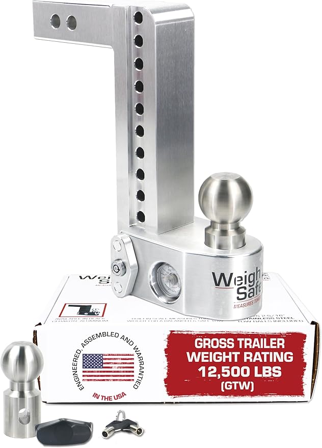 Weigh Safe Aluminum Adjustable Trailer Hitch - Towing Hitch with Built-In Tongue Weight Scale - Compatible with 2" Receivers - 10" Drop, Stainless Steel Tow Balls, 12,500 GTW, 1-Piece Lock Set