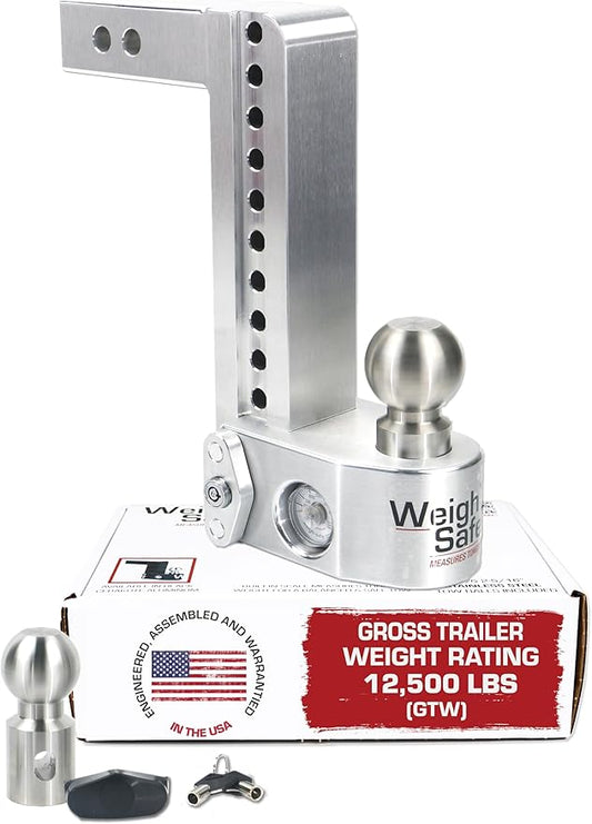Weigh Safe Aluminum Adjustable Trailer Hitch - Towing Hitch with Built-In Tongue Weight Scale - Compatible with 2" Receivers - 10" Drop, Stainless Steel Tow Balls, 12,500 GTW, 1-Piece Lock Set