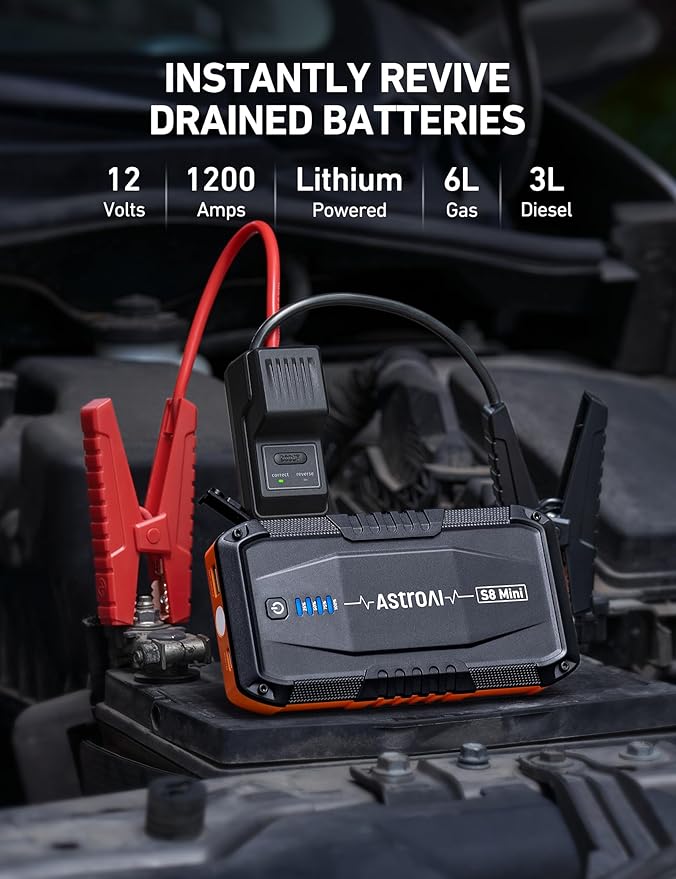 AstroAI S8 Mini Car Battery Jump Starter, 12V Portable Car Starter for Up to 6.0L Gas/3.0L Diesel Engine, Auto Battery Booster Pack, Lithium Jump Box with Jumper Cables & LED Light (Orange)