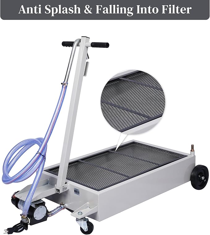 15 Gallon Oil Drain Pan with Electric Pump, Low-Profile Oil Pans for Changing Oil, T-Handle and J-Hook Makes Drain Easier, Gray