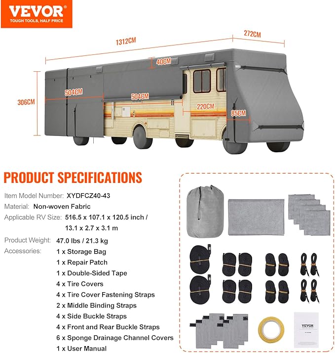 VEVOR Class A RV Cover, 40-43 ft Motorhome Cover, Non-Woven Fabric Motorhome RV Cover, Waterproof, Windproof and Rip-Stop, Camper Cover with Storage Bag, Repair Patches, Straps and Tire Covers