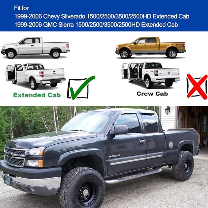 Side Window Wind Deflector,4pc Outside Tape-On Rain Guards Set, Window Visor fit for 1999-2006 Chevy Silverado&GMC Sierra 1500/2500/3500/2500HD and 2007 HD Classic Extended Cab 94044