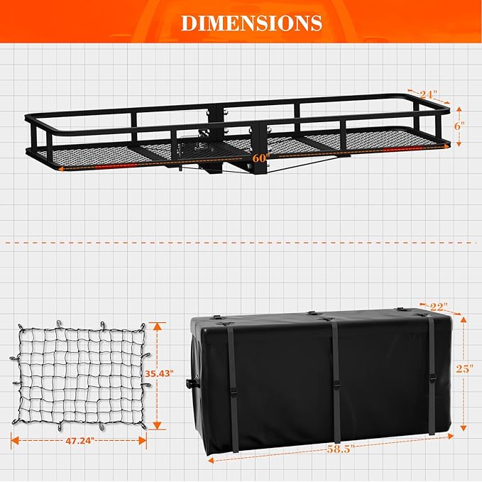 Hitch Cargo Carrier Basket Combo 60" x 24" x 6" 500 LBS Capacity Vehicle Baskets Fits 2" Receiver with 18.2 Cubic feet Cargo Bag, Hitch Stabilizer, Cargo Net and Ratchet Straps