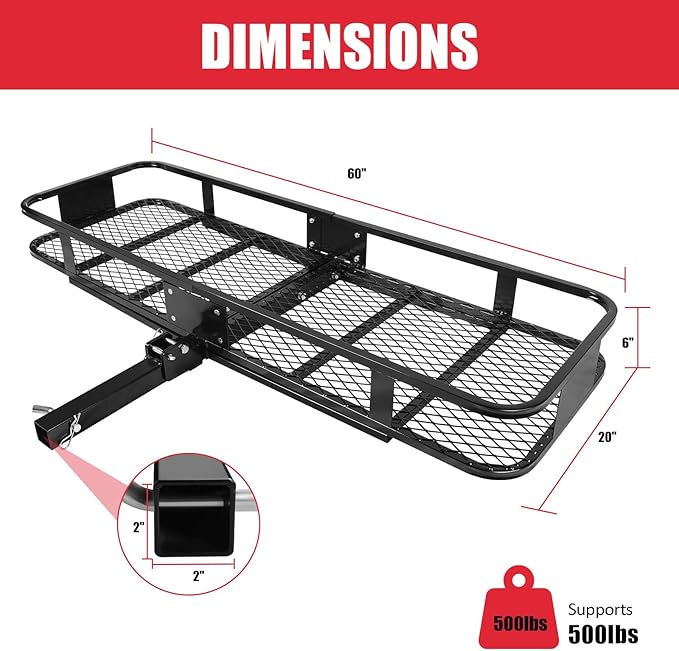FORWODE 60x20x6 Hitch Carrier for 2 Inch Receiver, 500LB Capacity Hitch Mount Rack with Folding Cargo Basket, Rust-Resistant Coat, Includes Cargo Net