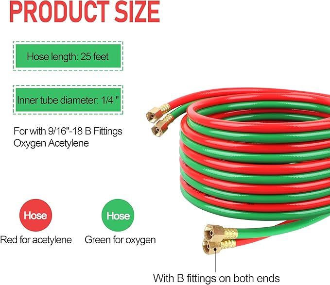 Oxygen Acetylene Hose 1/4-Inch × 25FT with 9/16”-18 B Fittings Welding Cutting Torch Twin Hose (25FT)