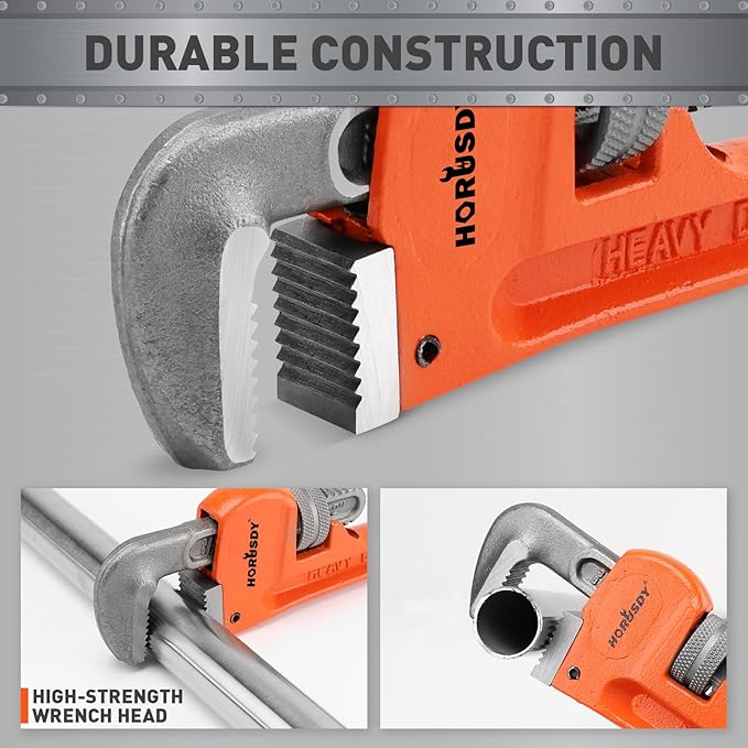 HORUSDY 10-Inch Heavy Duty Straight Pipe Wrench, Quick-Adjust Sturdy Plumbers Wrench with Soft Grip Handle, Straight Jaw Plumbing Tool for Pipe, Household Use, Vehicle Repair