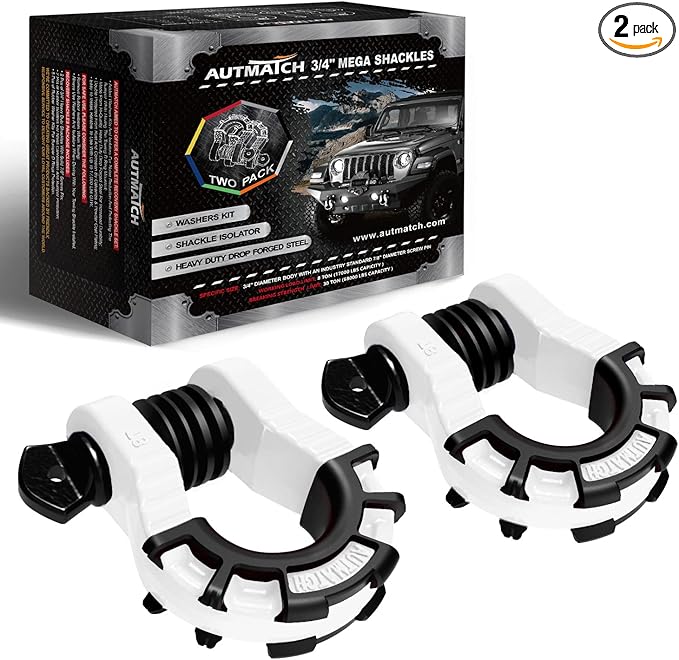 AUTMATCH D Ring Shackles 3/4" Mega Shackle (2 Pack) 68,000Ibs Break Strength - Heavy Duty Clevis Shackles with 7/8" Screw Pin and Isolator Washer for Tow Strap Winch Off Road Vehicle Recovery, White