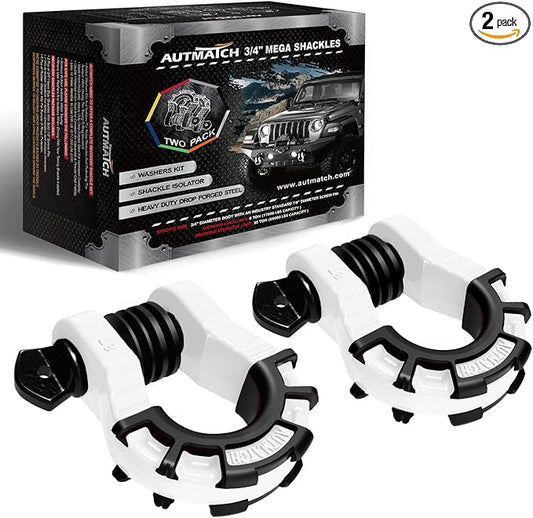 AUTMATCH D Ring Shackles 3/4" Mega Shackle (2 Pack) 68,000Ibs Break Strength - Heavy Duty Clevis Shackles with 7/8" Screw Pin and Isolator Washer for Tow Strap Winch Off Road Vehicle Recovery, White