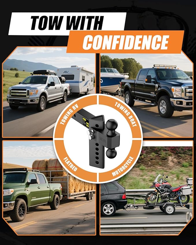 TIROL Adjustable Trailer Hitch - Fits 2'' Receiver 6 Drop/Rise for Truck Hitch, 2'' & 2-5/16'' Ball Hitch, 22000 LBS GTW - Heavy Duty Tow Hitch with Two Anti-Theft Locking Hitch Pins