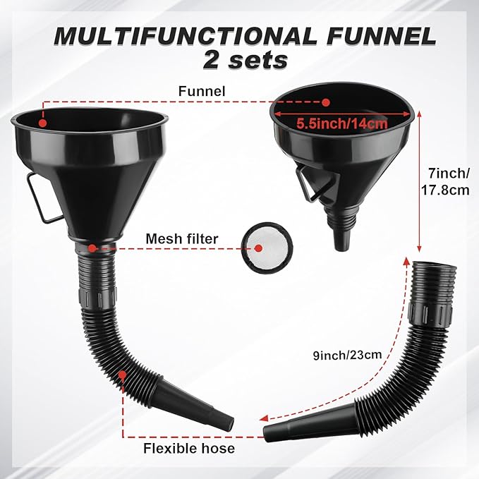 8 Pcs Automotive Oil Funnel Set Include 4 Wide Mouth Flexible Funnel with Handle 2 Plastic Large Funnels Adjustable Oil Filter Wrenches Drain Pan for Cars and Motorcycles