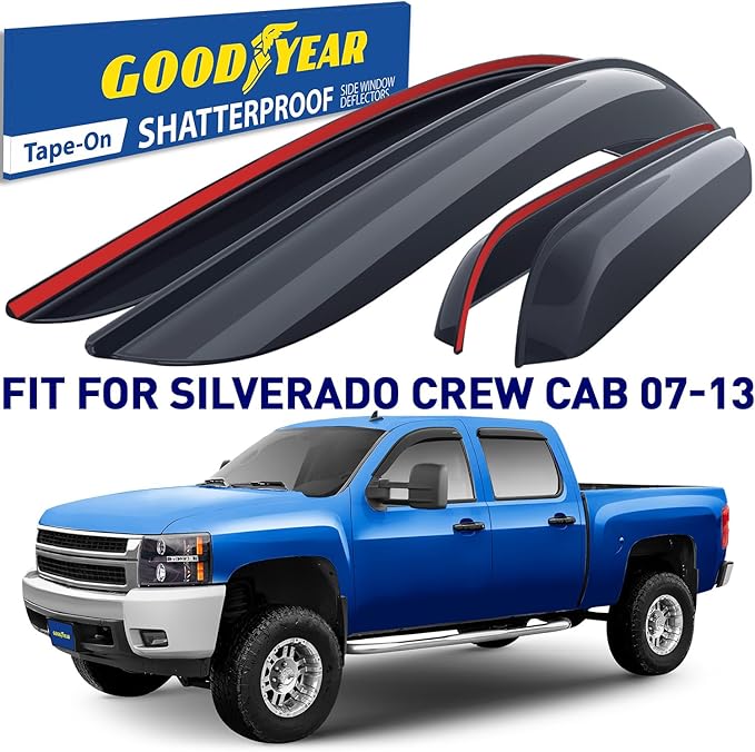 Goodyear Shatterproof Window Deflectors for Chevrolet (Chevy) Silverado 2007-2013 1500 Crew Cab, Tape-on Rain Guards, Window Visors, Vent Deflector Visor, Car Accessories, 4 pcs. - GY003100LP