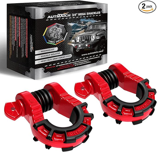 AUTMATCH D Ring Shackles 3/4" Mega Shackle (2 Pack) 68,000Ibs Break Strength - Heavy Duty Clevis Shackles with 7/8" Screw Pin and Isolator Washer for Tow Strap Winch Off Road Vehicle Recovery, Red