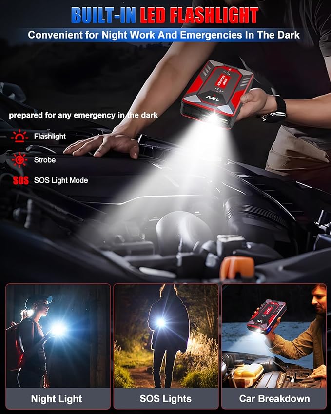 Jump Starter 3000A Peak Car Battery Jumper Starter Portable 12V Jump Box Battery Booster Charger Pack Up to 10L Gas or 8L Diesel Engine with Power Bank Jumper Cable Type C Port USB LED Light