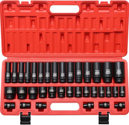Hex Bit Impact Socket Set,35 PCS 1/2" Drive Deep and Shallow Impact Socket Set,Metric (Shallow 8-32mm and Deep 10-32mm) Sizes Socket with Durable Case for Automotive Mechanic
