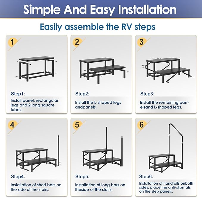 2-Step RV Steps with 1 Handrail, Heavy-Duty RV Stairs for Camper, Hot Tub, Trailer & Porch with Non-Slip Mats