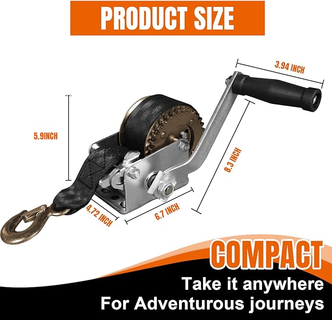 Hand Winch, 1200 lbs Pulling Capacity, Boat Trailer Winch Heavy Duty Rope Crank with 26.3 FT Polyester Strap, Manual Operated Hand Crank Winch for Trailer, Boat or ATV Towing