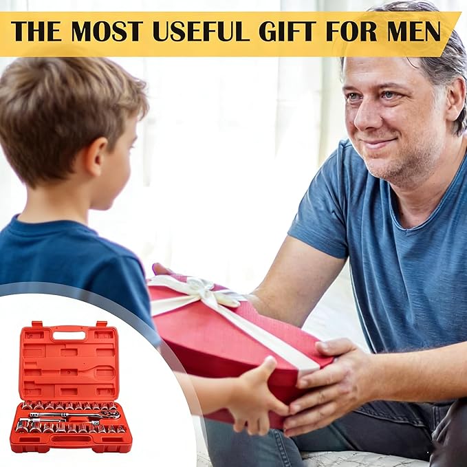 Egofine 1/2" Drive Socket Set, 23 Piece Standard SAE (7/16 to 1 inch) and Metric (13-19, 21, 22, 24mm) 6 Point, with Quick Release Ratchet, Extension Bars, Drive Drill Adapter