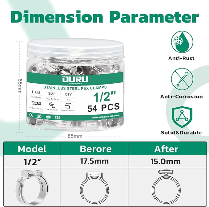 54PCS 1/2 Pex Crimp Ring,304 Stainless Steel Pex Cinch Clamps,Single Ear Hose Clamps for Pex Fittings Pipe Tubing