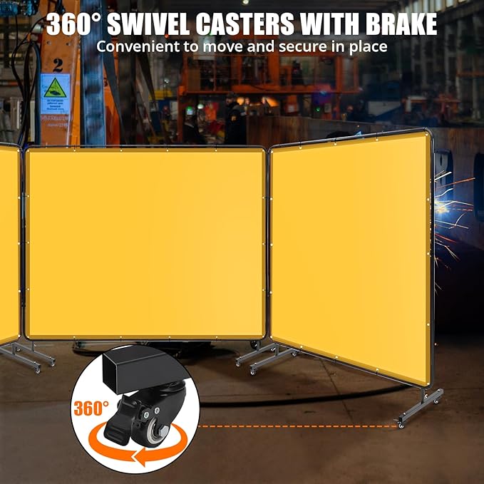 3 Panel 8x6 FT Vinyl Welding Screen with Frame, Flame-Resistant PVC Welding Curtain with Lockable Swivel Wheels, Transparent Welding Screen Panel for Welding Safety, Yellow