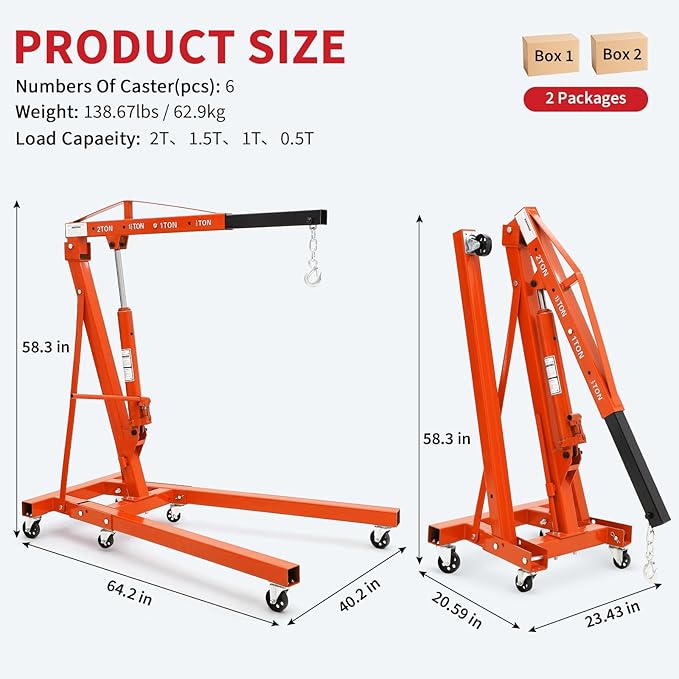 2-Ton Folding Engine Hoist Cherry Picker 4400 Lb Capacity Hydraulic Shop Crane with Telescoping Boom 6 Caster Wheels for Automotive Repair Garage Use Includes Hitch and Storage Stand Orange