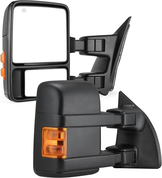 DWVO Power Heated Towing Mirrors for 1999-2007 Ford F-250, F-350, F-450 Super Duty and 2001-2005 Excursion, Amber Turn Signal, Extendable, Foldable Tow Side Mirrors, Pickup Accessories, Black