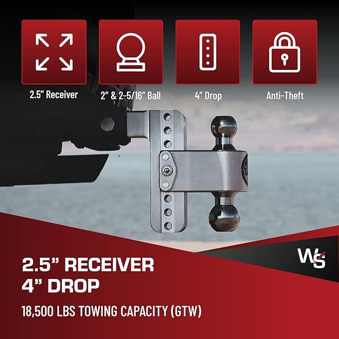 Weigh Safe Adjustable Trailer Hitch Ball Mount - 4" Adjustable Drop Hitch for 2.5" Receiver - Premium Heavy Duty Aluminum Trailer Tow Hitch w/Chrome Plated Tow Balls (2" & 2 5/16") - 18,500 GTW