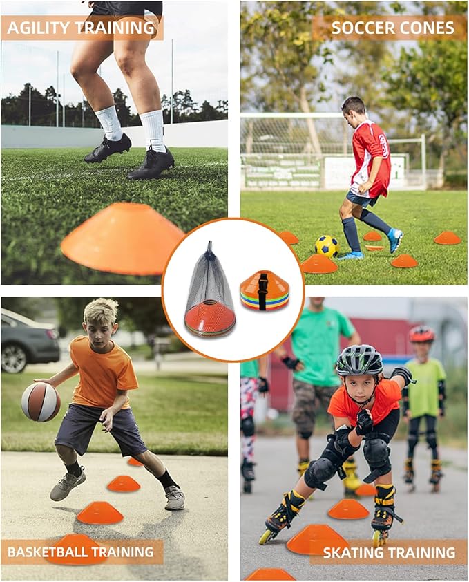 duskeep100/50 Pack Soccer Cones, Disc Cones for Sports Training with Mesh Bag, Sports Cones for Training Drills Practice