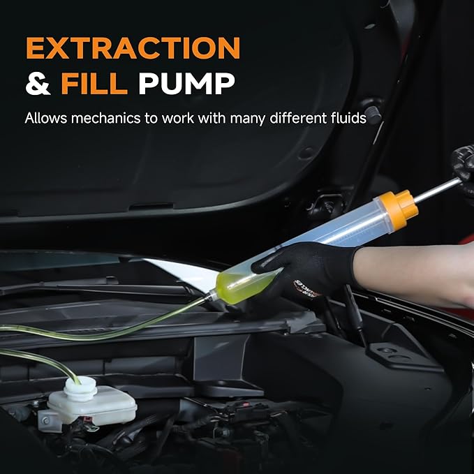 FOUR UNCLES 500cc Fluid Extractor & Fill Pump for Automotive Use - Oil Syringe with a 28" Hose & Two 12" Extension Tubes for Easy Oil Change
