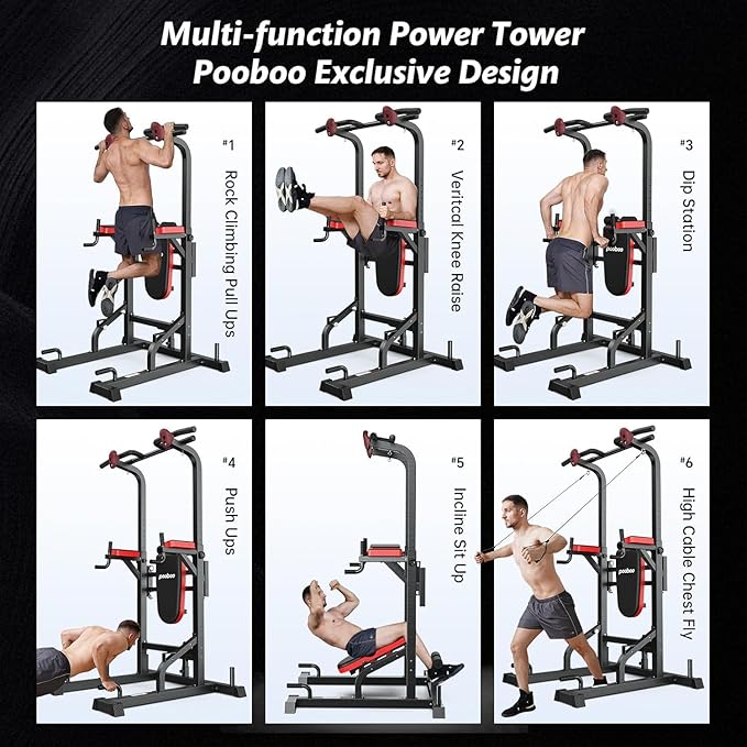 Power Tower Dip Station Pull Up Bar for Fitness Home Gym Workout,Multi-Function Adjustable Height Fitness Strength Training Exercise Equipment,with Power Elastic Ropes (Red Black)