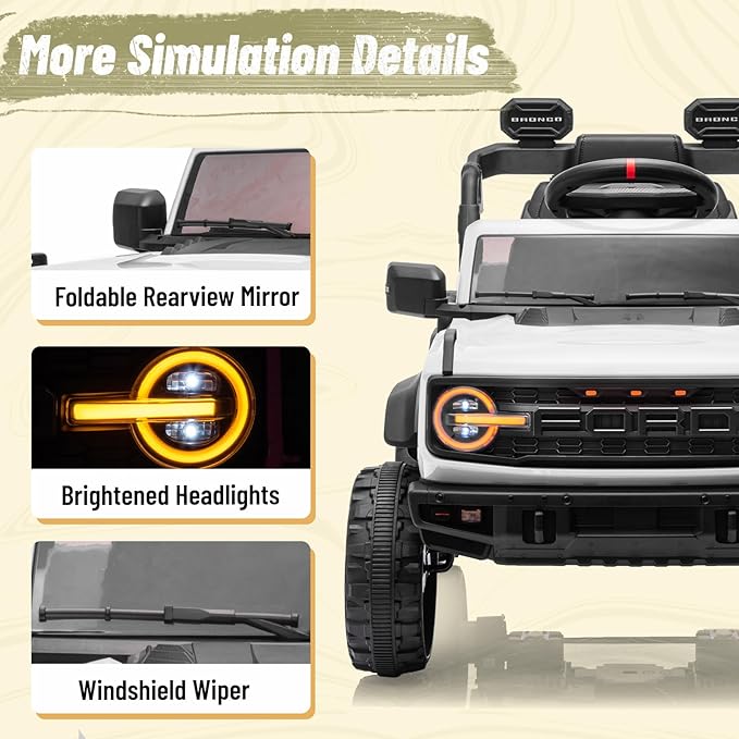 12V Ride on Toy for Kids, Ford Bronco Raptor Kids Electric Car with Parent Remote Control, Battery Powered Truck Car with 4-Wheel Suspension, LED Light, Bluetooth, 3 Speeds (12V, White)