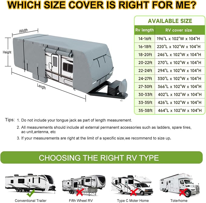 RV Cover 30-33ft, Travel Trailer Heavy Duty Extra-Thick 8 Layers Anti-UV Waterproof Windproof Camper Cover with Tongue Jack Cover, Extra Windproof Ropes, Gutter Covers