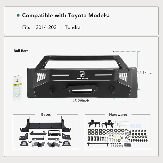 YHTAUTO Bull Bar Push Bar with Skid Plate Light Mount Fit Toyota Tundra 2014-2021, Heavy Duty Steel Brush Guard for Truck Front Bumper w/Winch Frame Textured Black Off Road Accessories