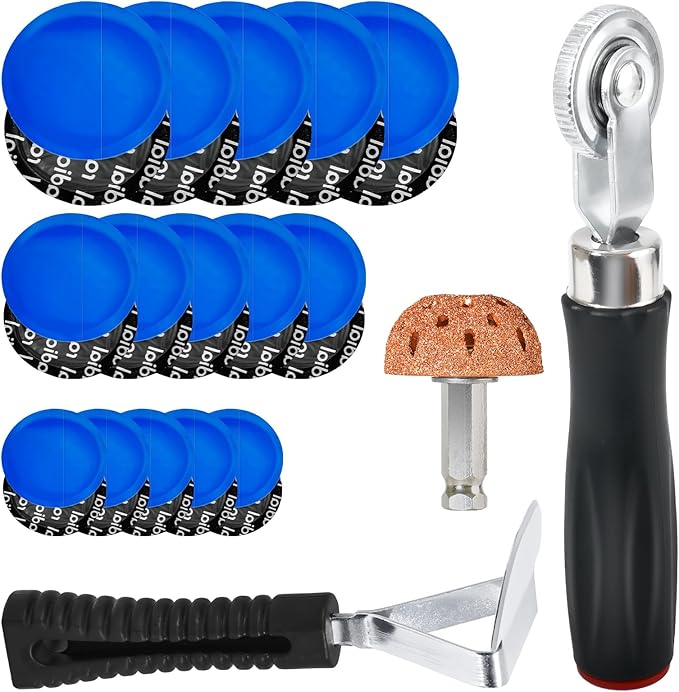 33PCS Tire Repair Patch Tools Tire Patch Kit, 30PCS Tire Patches(32mm/ 42mm/ 58mm with Tire Patch Roller, Tire Repair Buffing Wheel, Tire Inner Liner Scraper for Car Motorcycle Bike