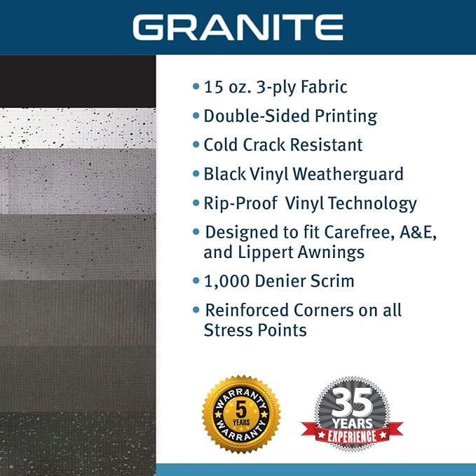 ShadePro - RV Awning Fabric Replacement - Heavy Duty Weatherproof Vinyl - Universal Outdoor Canopy for Camper, Trailer, and Motorhome Awnings - Granite Blk WG - 20' (Fabric 19' 2")