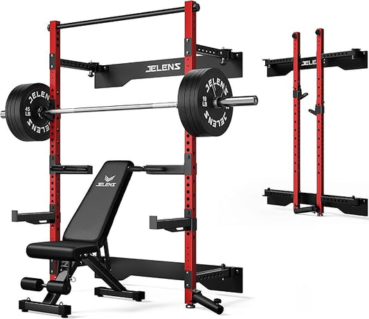 Folding Squat Rack, Wall Mounted Power Rack for Home Gym, Space Saving Multi-Functional Power Cage with Attachments