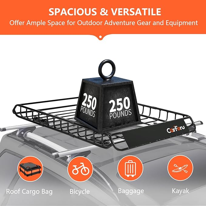 Roof Rack Basket 51″ X 36″ X 5″ Upgraded Universal Rooftop Cargo Basket, Heavy Duty 250LB Cargo Basket Car Roof Basket for SUV, Truck, Cargo Net with Attachment Hooks, 2pcs Ratchet Straps