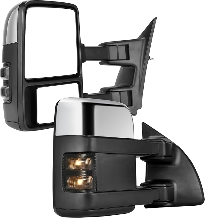 DWVO Towing Mirrors for 1999-2007 Ford F-250 F-350 F-450 F-550 Super Duty Trucks | LED Turn Signal Power Adjustable Heated Telescoping Chrome Finish