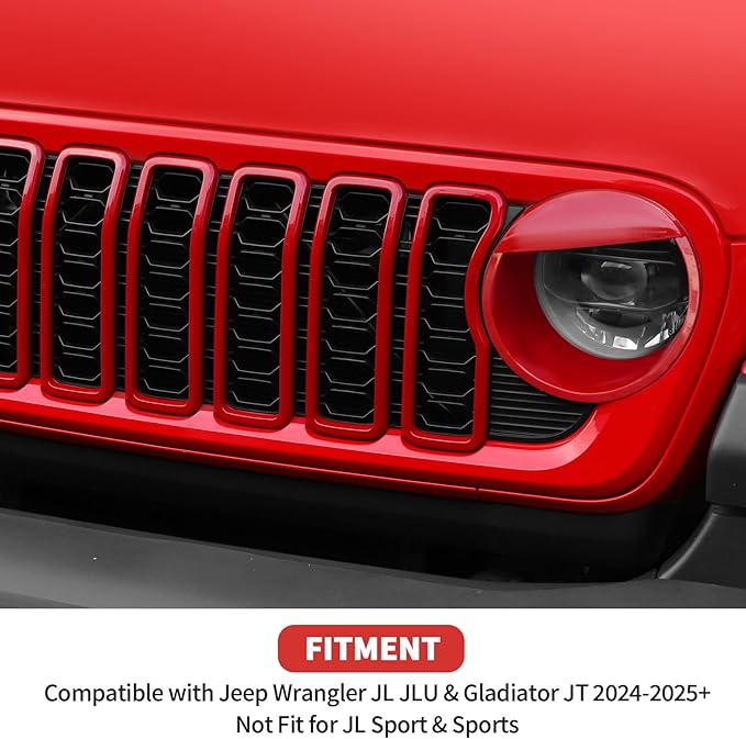 Front Grill Insert+Headlight Bezels Cover Kit Compatible with 2024-2025+ Jeep Wrangler JL JLU & Gladiator JT, Not Fit for JL Sport & Sports(Red,Style A)