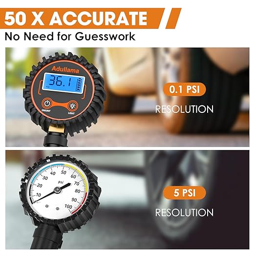 Digital Tire Pressure Gauge with Inflator, 250 PSI Heavy Duty Air Chuck Air Compressor Attachments, Improved Leaks Protection & Stainless Braided Hose Tire Gauge, 0.1 Display Resolution