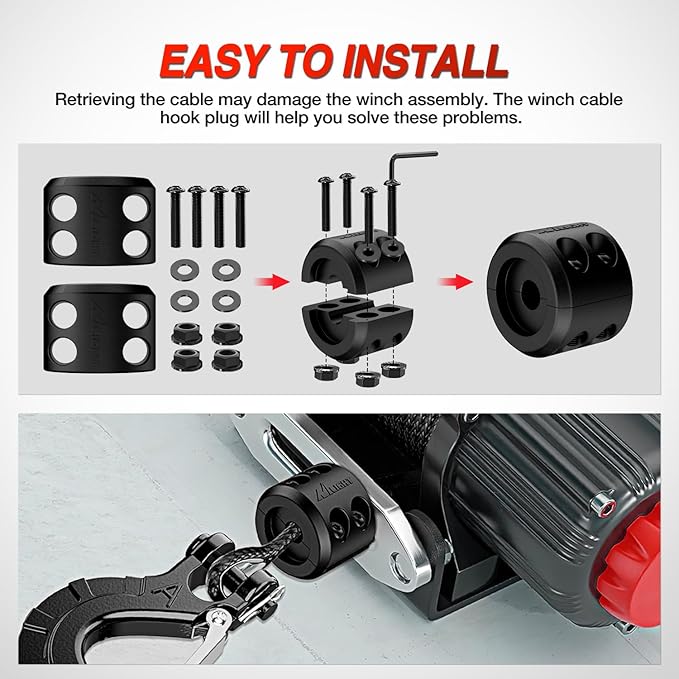 Nilight Winch Stopper for ATV UTV Truck SUV Winch Cable Hook Rubber Stopper Protect Towing Hook Synthetic Rope winch accessories Rope Line Saver with Stainless Steel Screws and Nuts Allen Wrenc, Black
