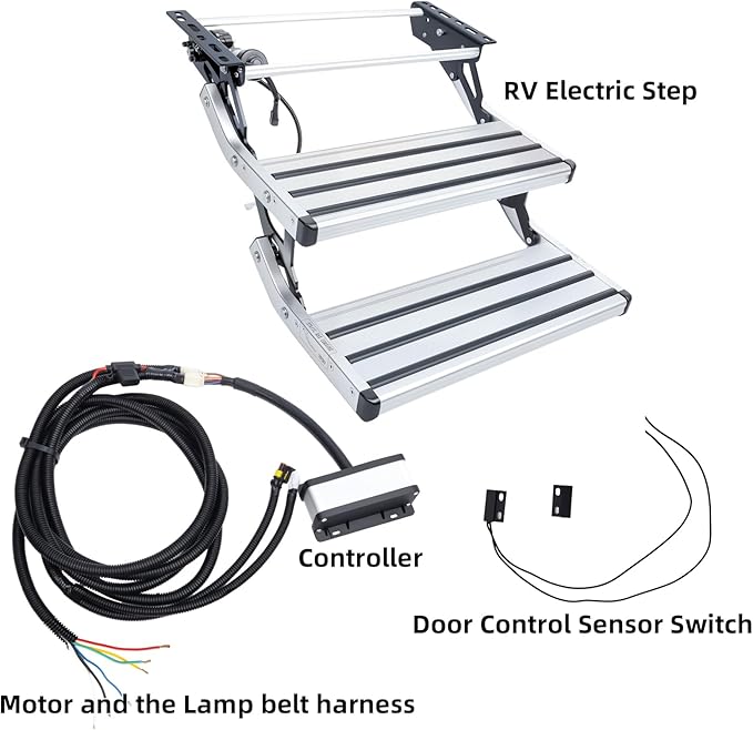 Electric Retractable RV Steps with LED Light, 2-Step, 400 LBS Load Capacity, Foldable Aluminum Alloy Camper Steps, Thickened Steel Plate Trailer Steps, Non-Slip Design, Ideal for RV, Trailer, Camper