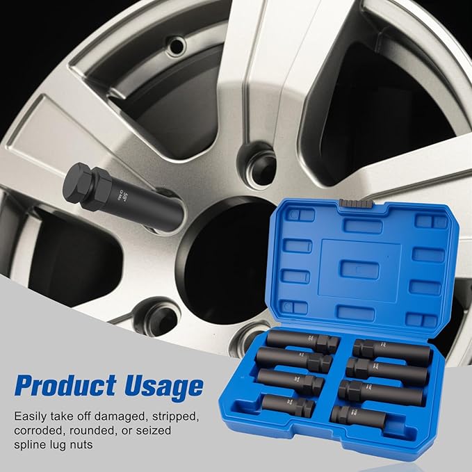 8-Piece Lug Nut Socket Set, 6 Spline & 7 Spline Lug Nut Removal Tool, Heavy-Duty Locking Wheel Lock Removal Kit for Aftermarket & Factory Wheels, with Organized Storage Case