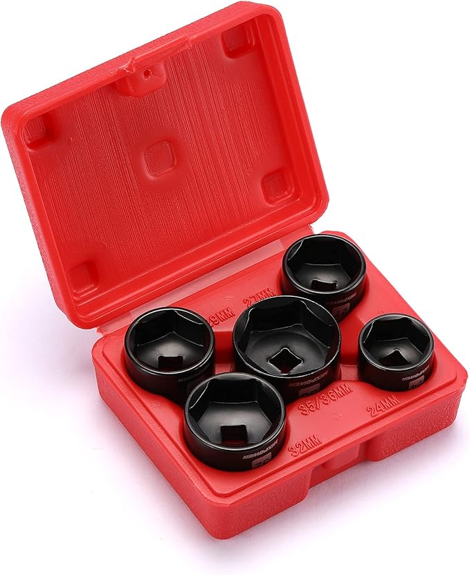 MIXPOWER 5 Pieces 3/8 inch Drive Low Profile Fuel Filter Socket Set, Low Profile Design for Easy Access, Chrome Vanadium Steel for Resist Rust and Corrosion, Low Profile Design for Easy Access