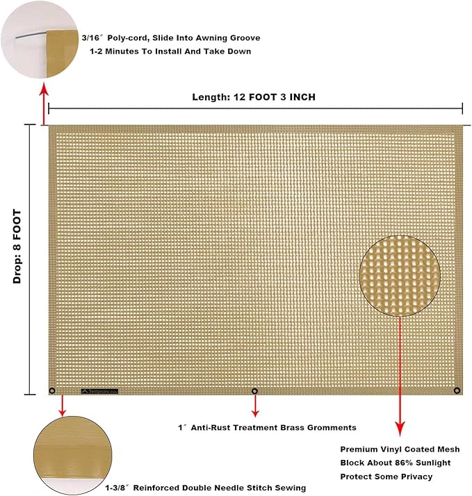 Tentproinc RV Awning Sun Shade Screen 8' X 12' 3'' (fit for 13' Awning) Mesh Sunshade for RV Awning Sunscreen Motorhome Camping Trailer Awning Shadescreen Block UV Glare - 3 Year Warranty (Beige)