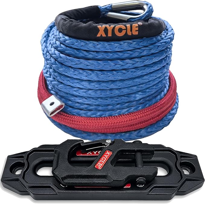 10" (254mm) Synthetic Rope Towing Winch Aluminum Cable Guide&Foldable Forged Trailer winches Hook kit, 3/8" x 90 Foot Synthetic Winch Cable Suitable for 8000-15000 LBs Electric Winch（Blue）