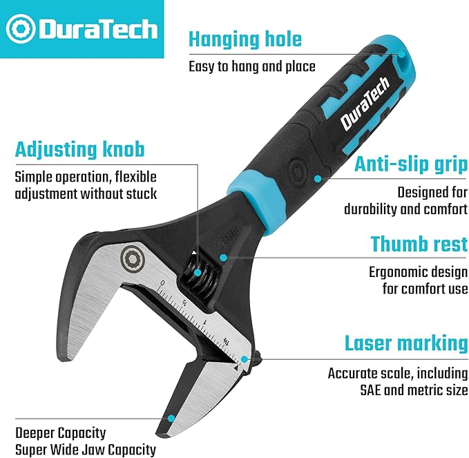 DURATECH 10-Inch Adjustable Wrench, Wide Jaw Opening Plumbing Wrench, CR-V Steel, SAE and Metric Scale Marked, Ergonomic Grip